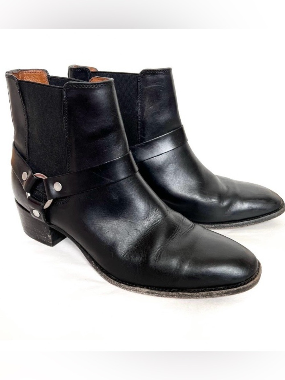 Frye Black Leather Harness Ankle Boots
